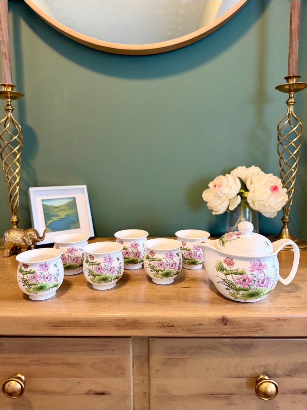 Vintage Chinese Lotus Tea Set Teapot & 6 Cups Jingdezhen Porcelain
